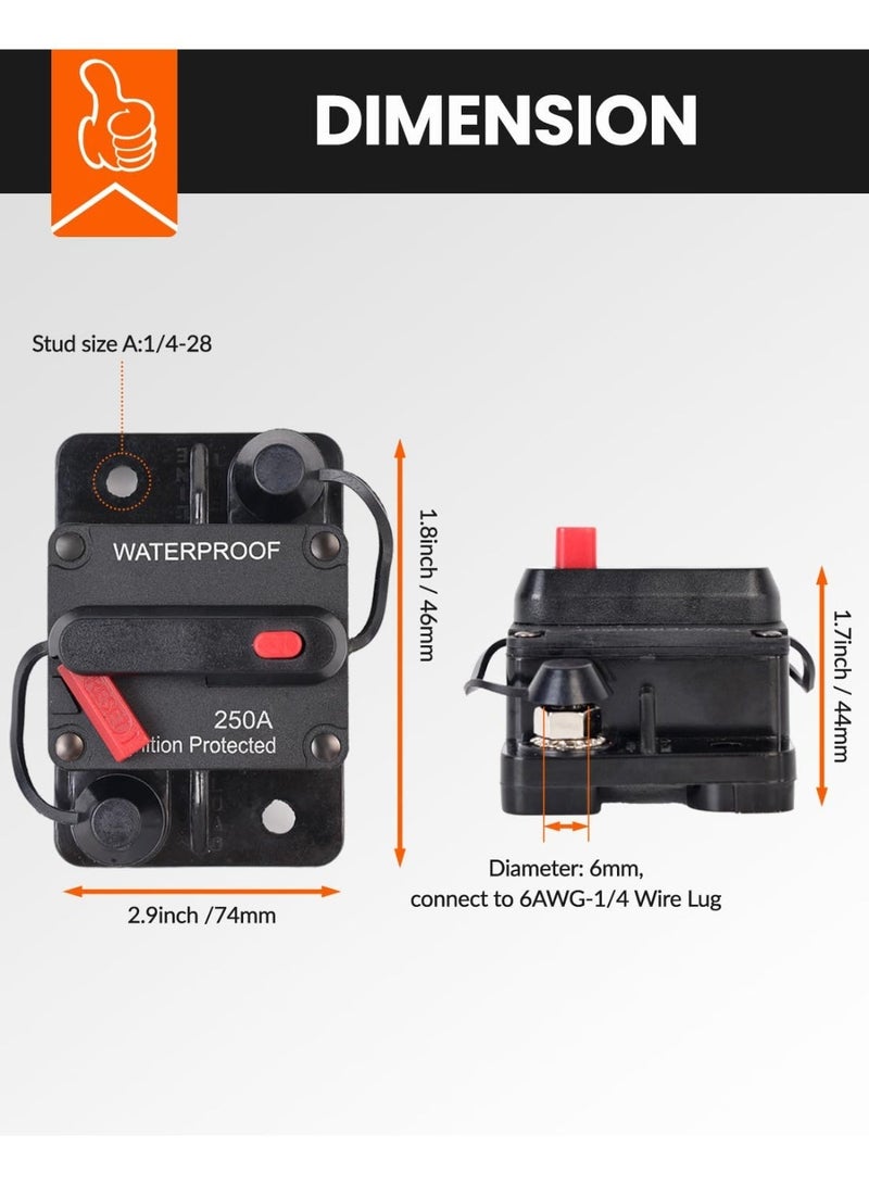 250 Amp Waterproof Circuit Breaker with Manual Reset for Car Marine Trolling Motors Boat ATV Manual Power Protect for Audio System Fuse, 12V-48V DC (250A) - Image 2